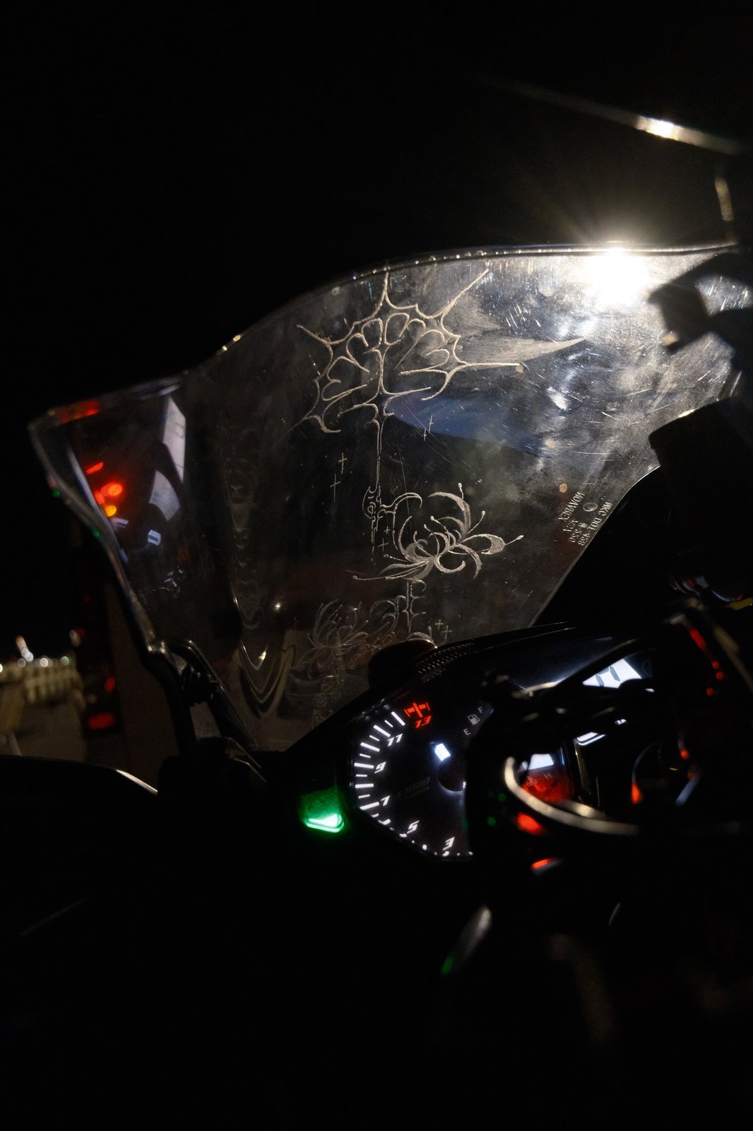 Close-up of a hand-engraved spider-web and floral windshield design at night, lit by the headlight